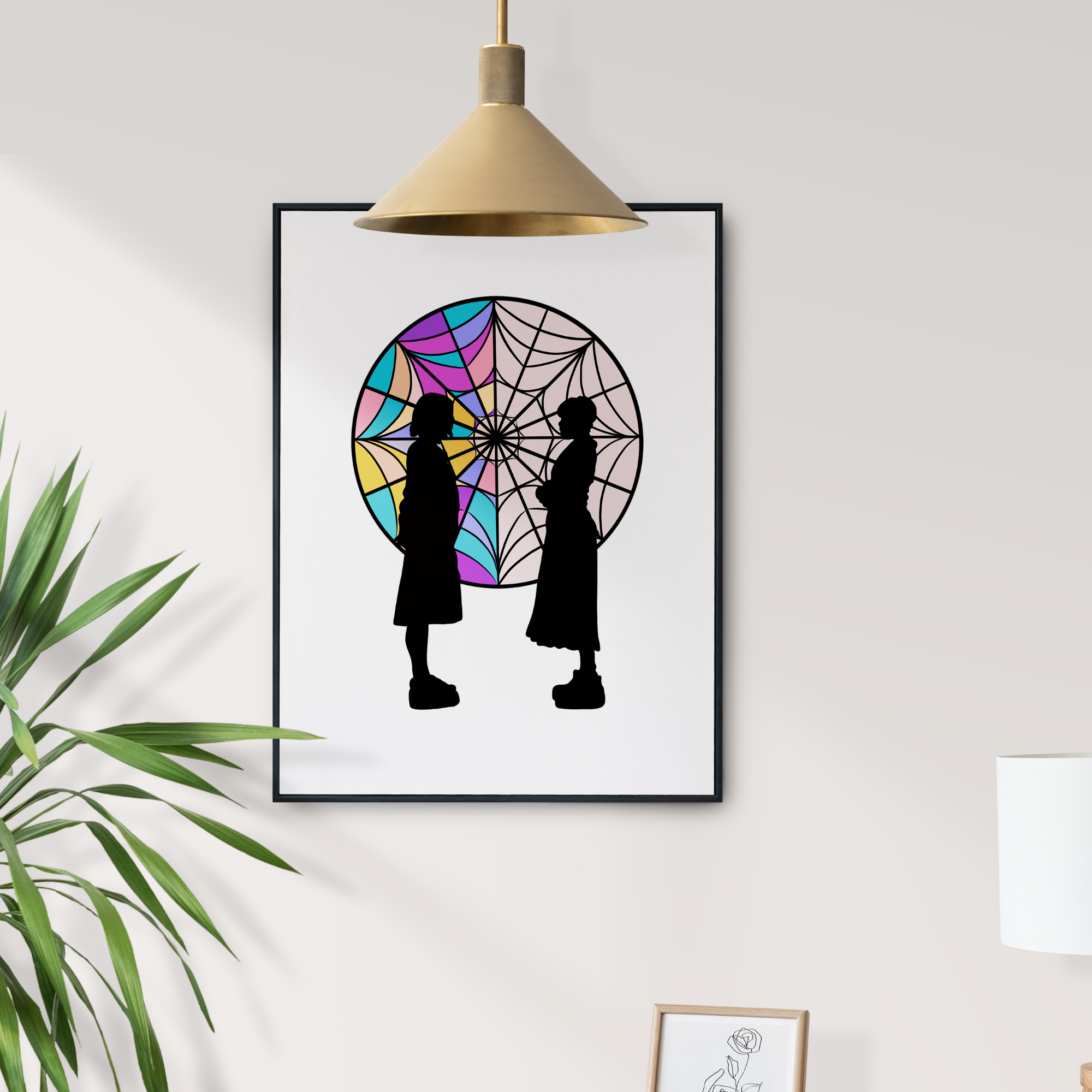 affiche dessin minimaliste sur un mur de Mercredi Addams et Enid Sinclair