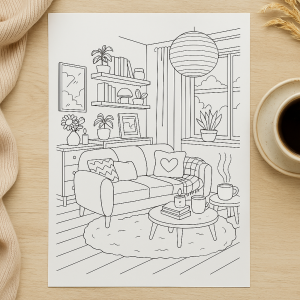 coloriage adulte salon cosy interieur