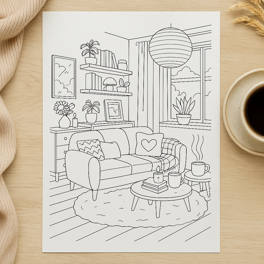 coloriage adulte salon cosy interieur