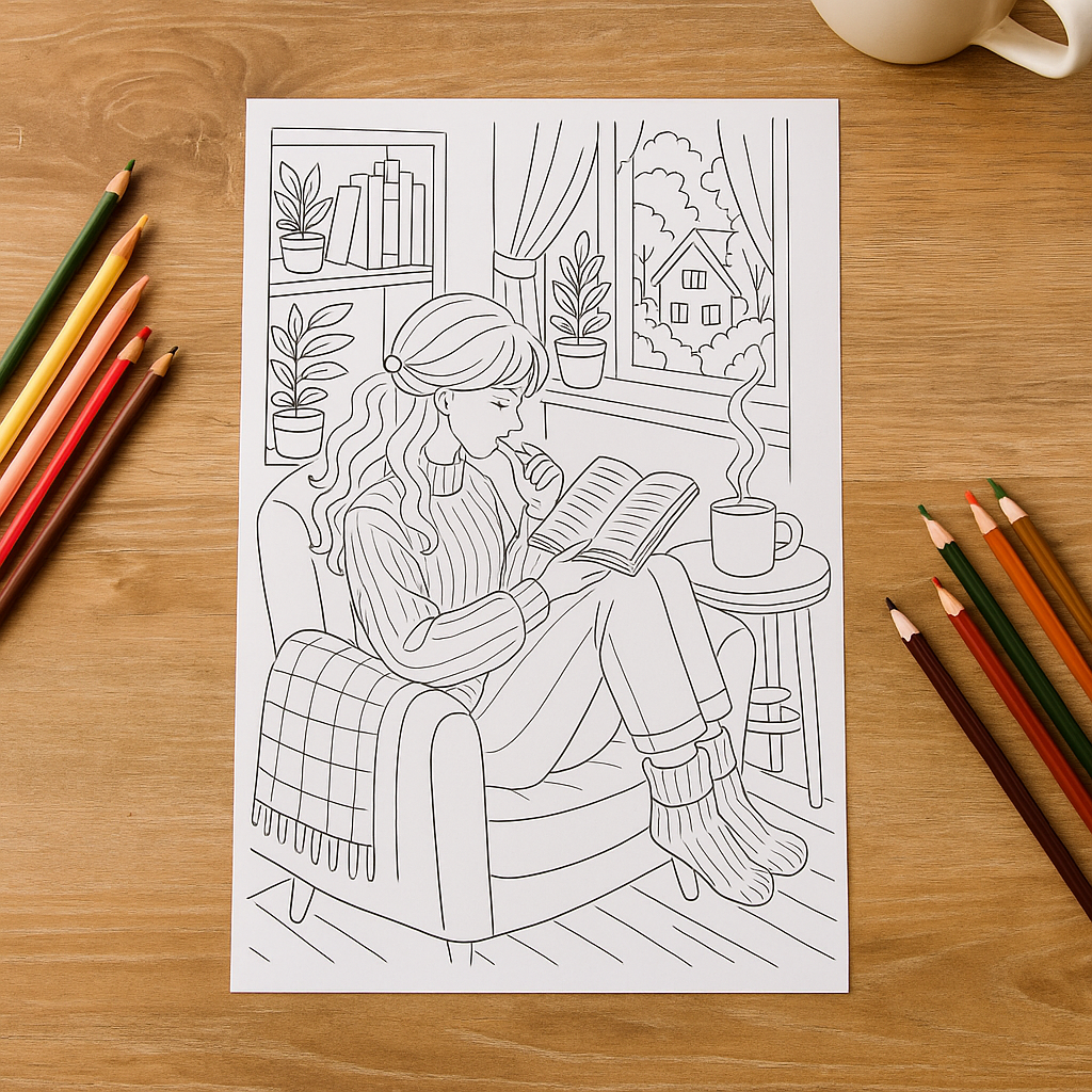 Coloriage adulte – Matin matcha & sweater weather (PDF à télécharger)