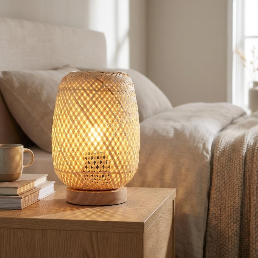 lampe de table en osier et bois