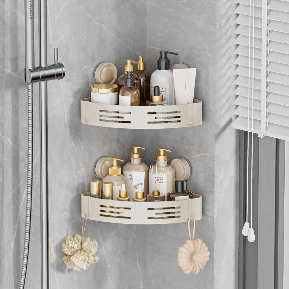 Etagere Douche Angle Ventouse Sans Perçage 4 Crochets Lot 2 Creme Weiß