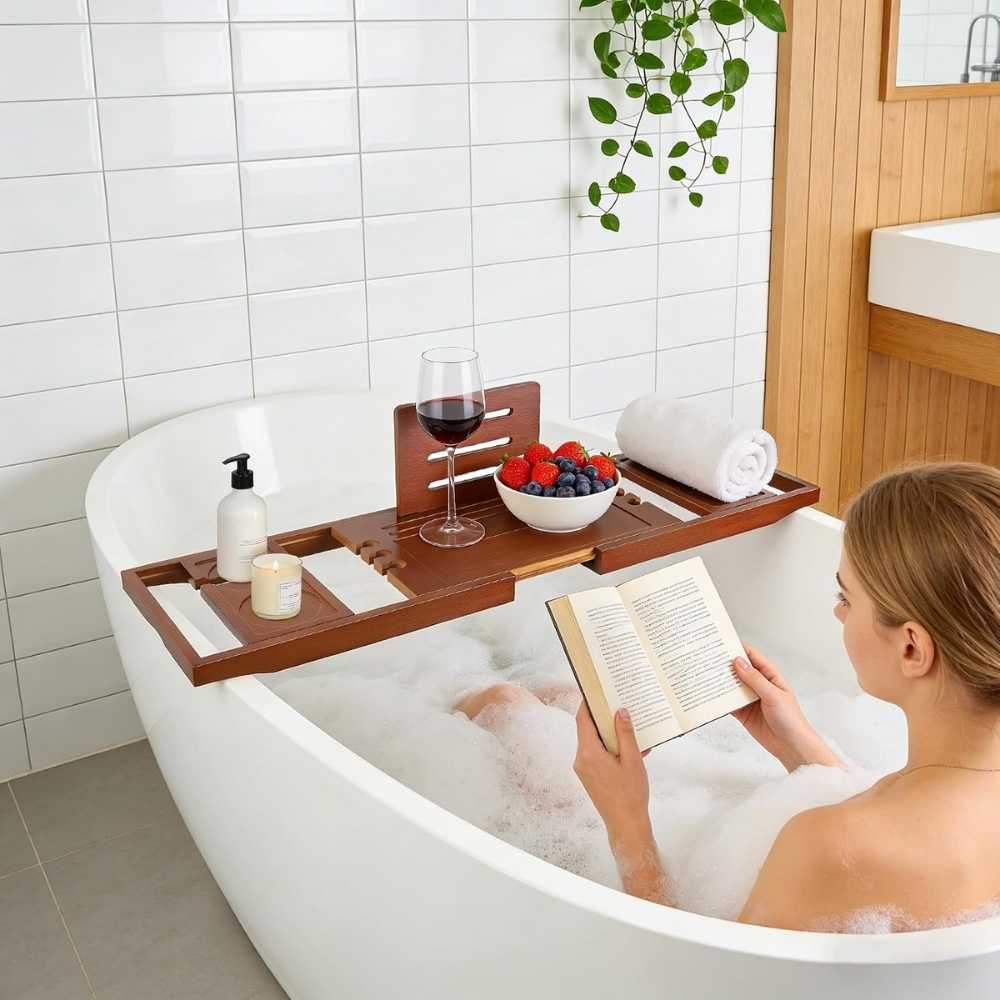 Plateau de Baignoire Extensible en Bambou 70-91 cm Tablette de Bain avec Support Tablette Porte-Verr Porte-Savon Amovible s'adapte à la Plupart des baignoires