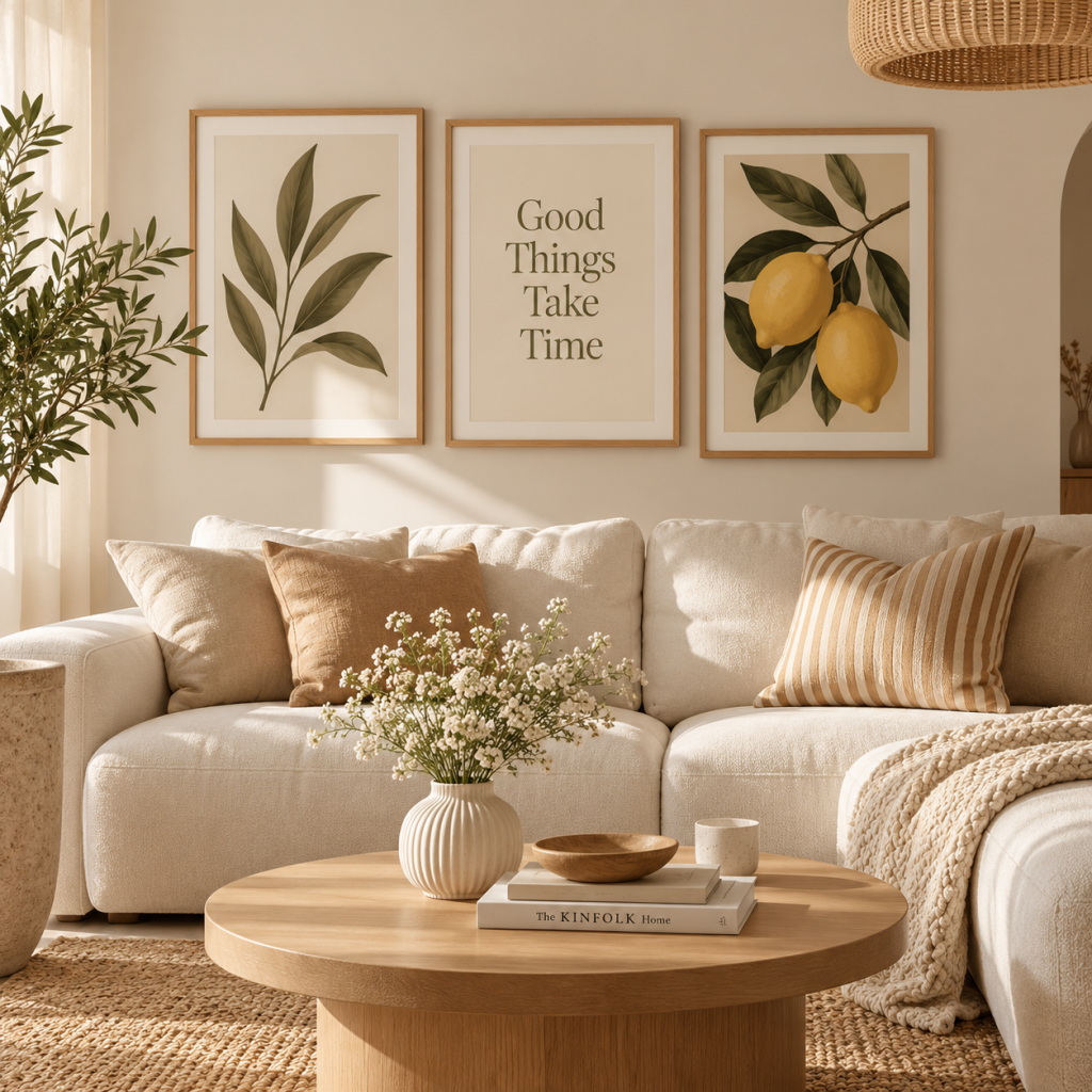 affiches par pièce salon beige chaleureux au style scandinave