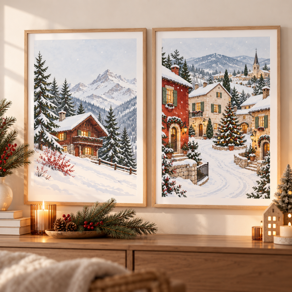 lot 2 affiches noel chalet village enneiges