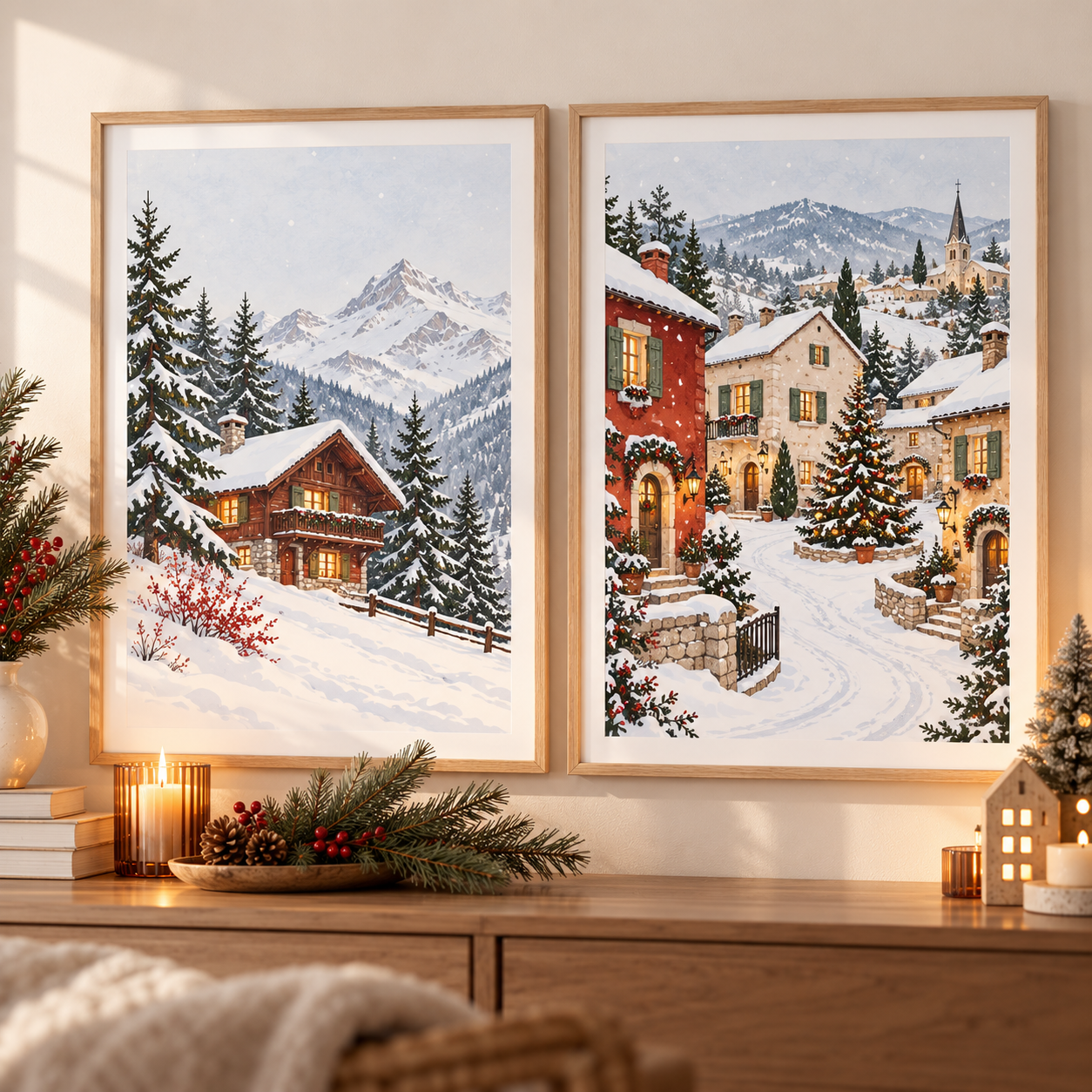 lot 2 affiches noel chalet village enneiges